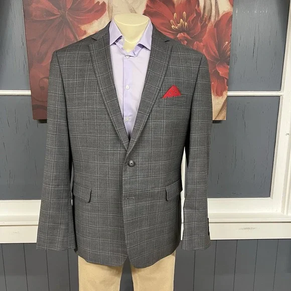 Kenneth Cole Suit Mens 46R Slim Fit Wool Blend Stretch Pants 40x32 Gray Plaid